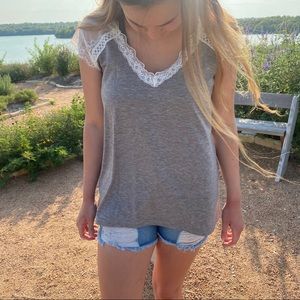 Gray v-neck lace cap sleeve flowy top
